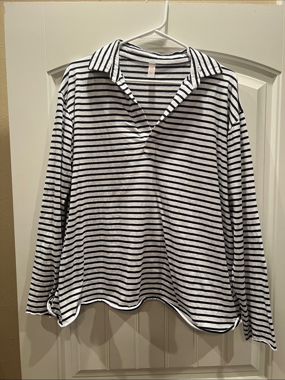Mono B Navy & White Striped Long-Sleeve Collared Top